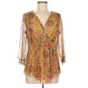 Anthropologie Yellow and Orange Floral V-Neck Blouse